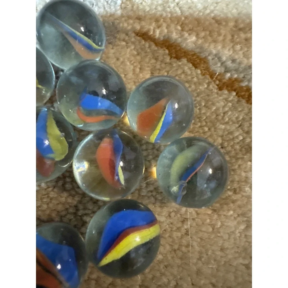Vintage Cat Eye Marbles Clear Glass Blue Orange Yellow Swirl Lot of 17 Retro